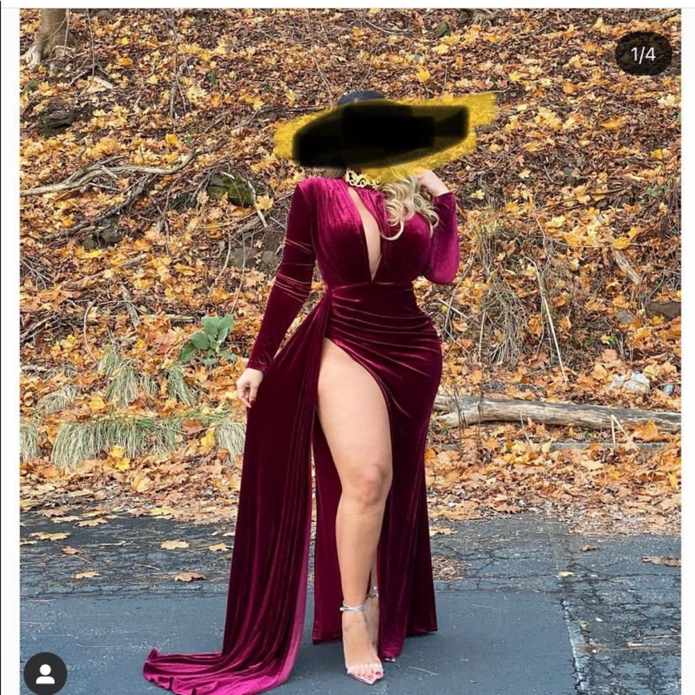 Zenaida burgundy cutout high slit velvet gown